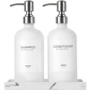 White Glass Soap Dispenser Set for Kitchen, Hand and Dish Soap Dispenser with Stainless Steel Pump & Resin Tray, Perfect for Kitchen,Hotel Rental-Modern Soap Dispenser Decor for Kitchen