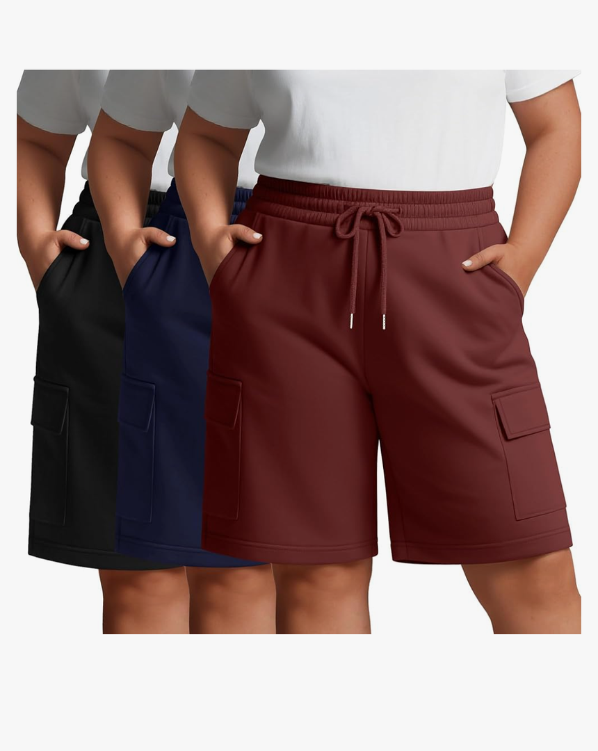 Neer 3 Pack Women's Plus Size Bermuda Shorts Casual Elastic Waist Drawstring Cotton Athletic Cargo Shorts with 4 Pockets 2XL