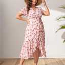 EYWOL Plus Size Wedding Guest Dress for Women, Floral Chiffon Midi Wrap Dress, Flutter Sleeve High Waist Flowy Summer Dresses (Pink, L)