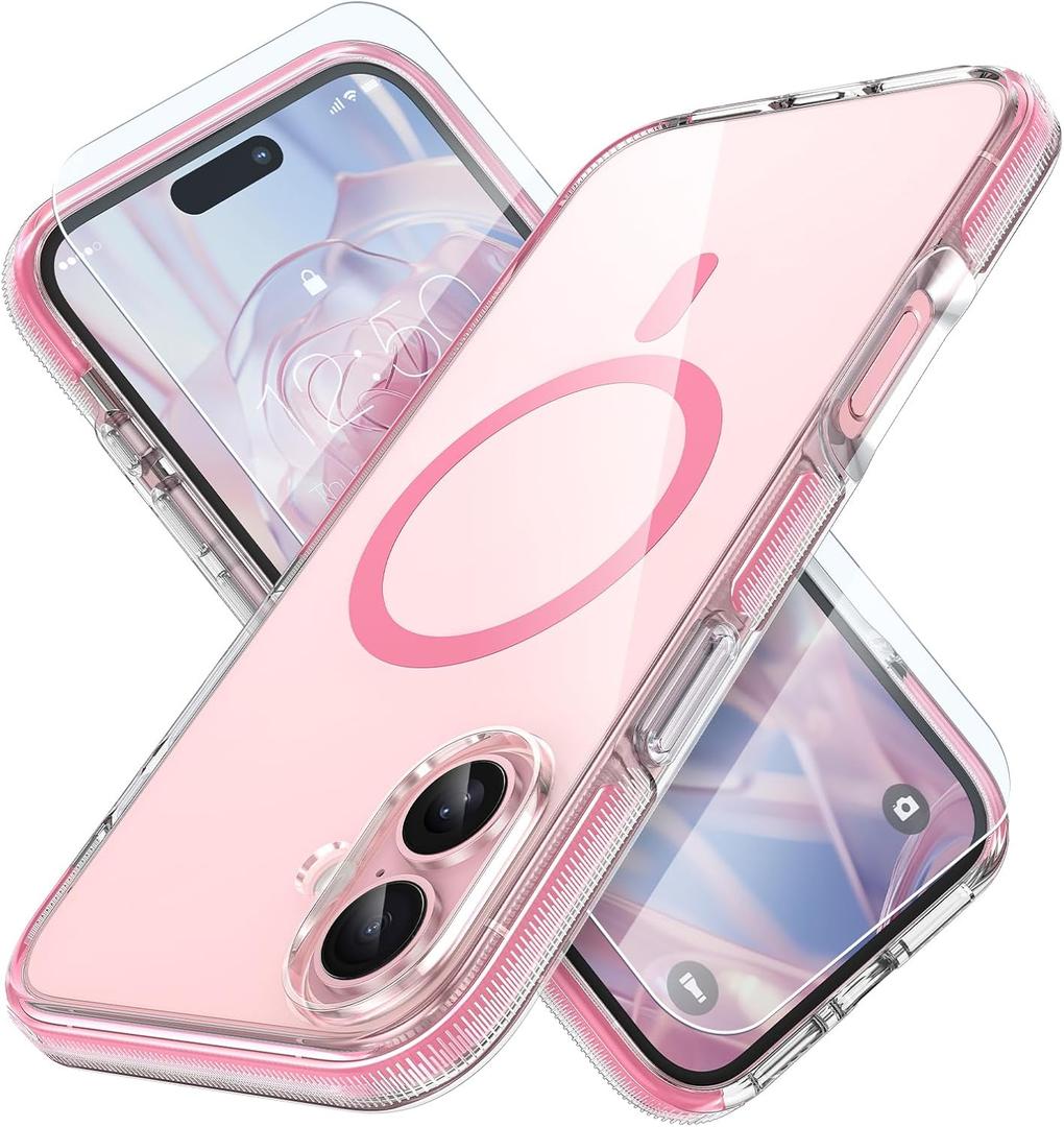 MILPROX Compatible with iPhone 16 Case - with Screen Protector - Compatible with MagSafe - Magnetic Clear Trasparent Design - Non Yellowing Anti Slip - All PC Protective Phone Cover - Pink