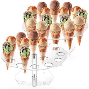 yarlung 2 Pack Ice Cream Cone Holder, 16 Holes Acrylic Waffle Cone Display Stand, Clear Hand Roll Sushi Popcorn Rack for Party Buffet Birthday Wedding