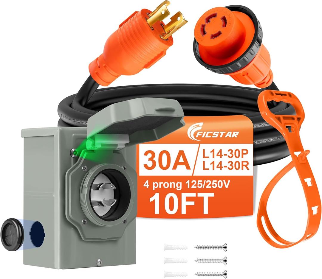 10 FT 4 Prong 30 Amp Generator Cord and Power Inlet Box, NEMA L14-30P to L14-30R Generator Cord Waterproof Combo Kit, 125/250V 7500W 10 AWG SJTW Generator to House Hookup Kit UL&ETL Listed
