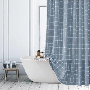 Blue Checkered Shower Curtains Farmhouse Striped Patchwork Neutral Shower Curtains for Bathroom Rustic Heavy Duty Bathroom Curtain Set with Tassel Bohemian Solid Cloth Shower Curtain 71x94 Inch