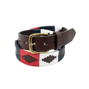 GauchoLife Polo Belt Hand-Stitched leather belt (Red/White/Blue, 34)
