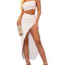 XinFSh Women's Two Piece Skirt Sets Summer Beach Sexy Asymmetrical High Slit Night Out Dress Sets White, S