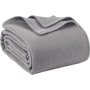 100% Cotton Blankets Queen Size for Bed - Waffle Weave Blankets for Summer, Lightweight and Breathable Soft Woven Blanket for Spring, (Light Grey, Queen (90" x 90"))