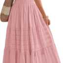 BTFBM Womens Summer 2026 Casual Midi Maxi Dresses Lightweight Short Sleeve V Neck Elastic Waist Boho Beach Dress Pockets (Pink). M Size