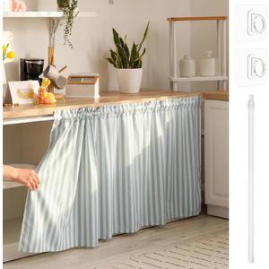 Dishwasher Curtains, Cabinet Curtains with Rod, 28" W x 51" L Textured Strip Linen Sink Skirt for Kitchen with Telescopic Rod and Clamp, Window Curtain, Dishwasher Hidden for Bathroom, 3.5"W x 32.7"L
