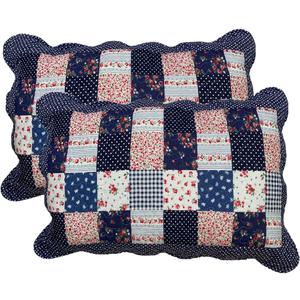 vctops 2-Piece Boho Cotton Quilted Bed Pillow Shams Floral Printed Patchwork Pillow Shams Set, Standard Size (307 Dark Blue, 20"x28")
