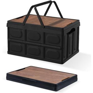 Collapsible Storage Bins Box with Lids and Handle, 30L Portable Plastic Storage Crate Containers Totes, Instacrate Stackable Foldable Camping Basket Supplies for Camp Fishing Car RV, Office (Black(2 PCS))