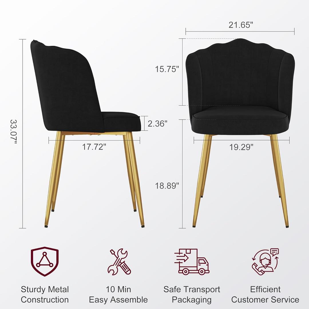 VECELO Velvet Dining Chairs Set of 2, Modern Upholstered Kitchen Chairs with Thick Cushions, Curved Padded Backrest and Metal Legs, for Kitchen, Dining Room, Living Room, Black