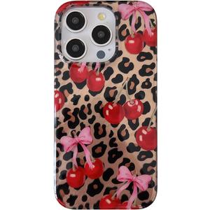 owwiktten Cherry Bow Cheetah Print Glitter Phone Case for iPhone 15 6.1",Trendy Cute Retro Brown Leopard Pink Bows Ribbon Aesthetic Bling Protective Girly Cover for iPhone 15 6.1in