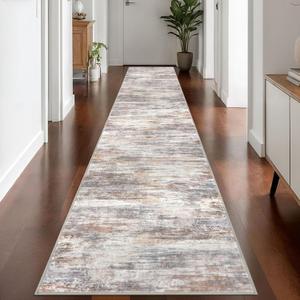 KOZYFLY Modern Abstract Washable Rug Runner 2.6x14 Hallway Rug Runner Non-Slip Soft Kitchen Runner Rugs, Multi Grey/Orange Striped Carpet for Entryway Bathroom