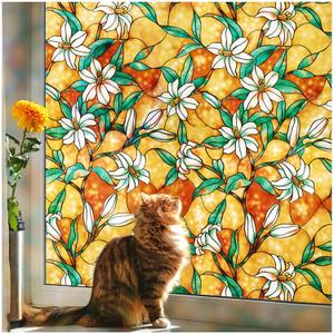 Coavas Decorative Window Privacy Film, Heat Control Sun Blocking Stained Glass Window Film, Floral Design Static Cling, Non Adhesive Windows Tint for Bathroom Front Door(Vinyl, 47.2" x 157.4 ")