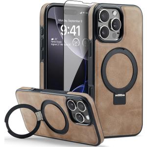 Casus Designed for iPhone 16 Pro Case Compatible with MagSafe Kickstand Vegan Leather Slim Classic Luxury Elegant Thin Protective Cover with Tempered Glass Screen Protector (2024) 6.3" (Brown)