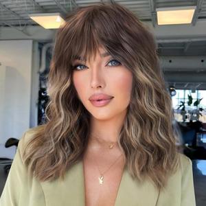 Brown Curly Bob Wig with Bangs Short Wavy Brown mix Blonde Highlight Wigs for Women Lob Haircut Synthetic Heat Resistant Bob Wigs 14IN