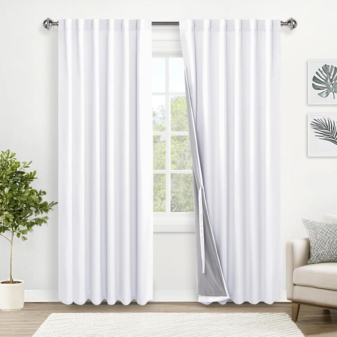 XWZO 100% Blackout Curtains 2 Panels with Tiebacks- Heat and Full Light Blocking Window Treatment with Black Liner for Bedroom/Nursery, Rod Pocket & Back Tab, White, W52 x L84 Inches Long, Set of 2