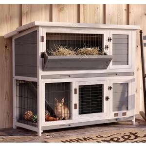 STILLCOVE Large Rabbit Hutch Outdoor: 2-Story Bunny House with Hay Feeder