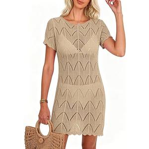 Falechay Womens Swimsuit Coverup Round Neck Short Sleeve Knit Summer Beach Dress See Through Crochet Mesh Bathing Suit Hollow Out Flowy Cover Ups 2026 Beige Medium