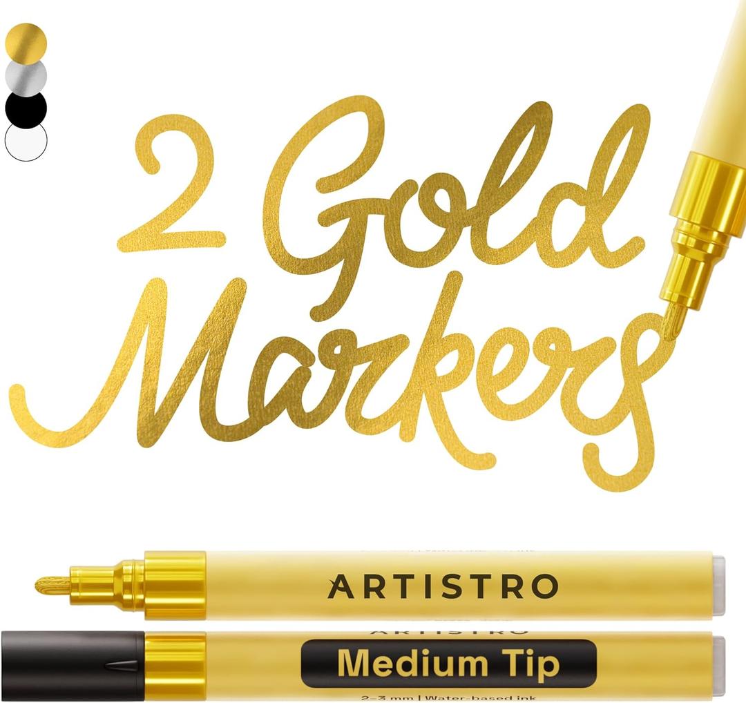 ARTISTRO 2 Gold Acrylic Paint Markers - 3mm Medium-Tip Paint Pens - Perfect for Crafting, Art Projects, & More (Gold)