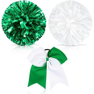Set of 3 12 Inch Cheerleading Pom Poms and Large Cheerleader Ponytail Bow Holder for Girl Large Metallic Cheerleader Pom Poms for Sports Team Cheering (Green and White)