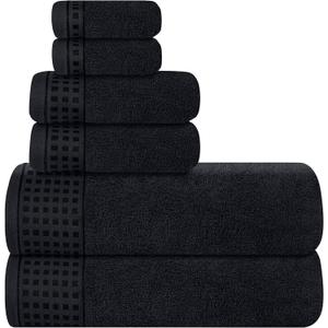 GLAMBURG 100% Cotton Ultra Soft 6 Pack Towel Set, Contains 2 Bath Towels 28x55 Inches, 2 Hand Towels 16x24 Inches & 2 Wash Coths 12x12 Inches, Compact Absorbent Lightweight & Quickdry - Black (6 Pack Set)