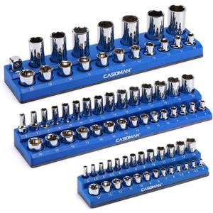 CASOMAN Magnetic Socket Organizer, 3 Piece Socket Holder Kit, 1/2-inch, 3/8-inch, 1/4-inch Drive, Holds 75 Metric Sockets, Blue Color, Professional Quality Tools Organizer, Socket Not Included