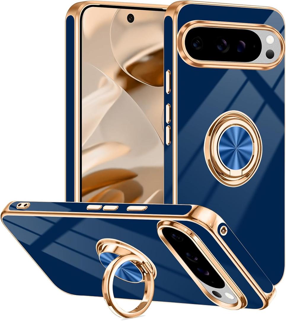 Tnarru Designed for Google Pixel 10/Pixel 10 Pro Case with Ring Stand, Support Magnetic Car Mount Rotating Finger Holder Soft TPU Cover Plating Edge Slim Phone Case for Pixel 10/10 Pro 5G Blue