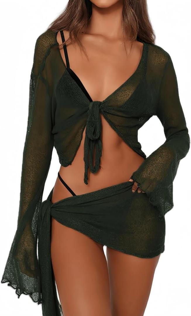 Women's 2 Pieces Outfits Mesh Perspective Suit Swimming Beach Long Sleeve Crop Top and Mini Skirt Set (Green, Small)