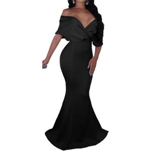 GOBLES Women Sexy V Neck Off The Shoulder Evening Gown Fishtail Maxi Dress (Medium, Black)
