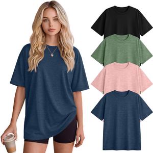 4 Pack Women's Oversized T Shirts Short Sleeve Cotton Crewneck Baggy Workout Tops Loose Fit Summer Basic Tees (M)