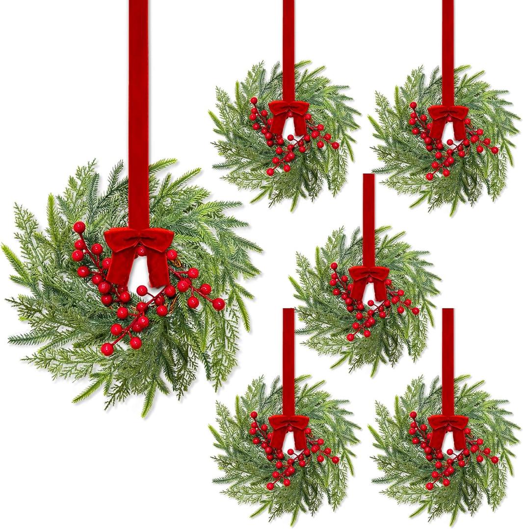 6 Pcs 15" Christmas Mini Cabinet Wreaths for Kitchen,Artificial Norfolk Pine & Cypress Wreath with Red Berry Bow for Christmas Decorations Window Door Fireplace Table Staircase Indoor Outdoor