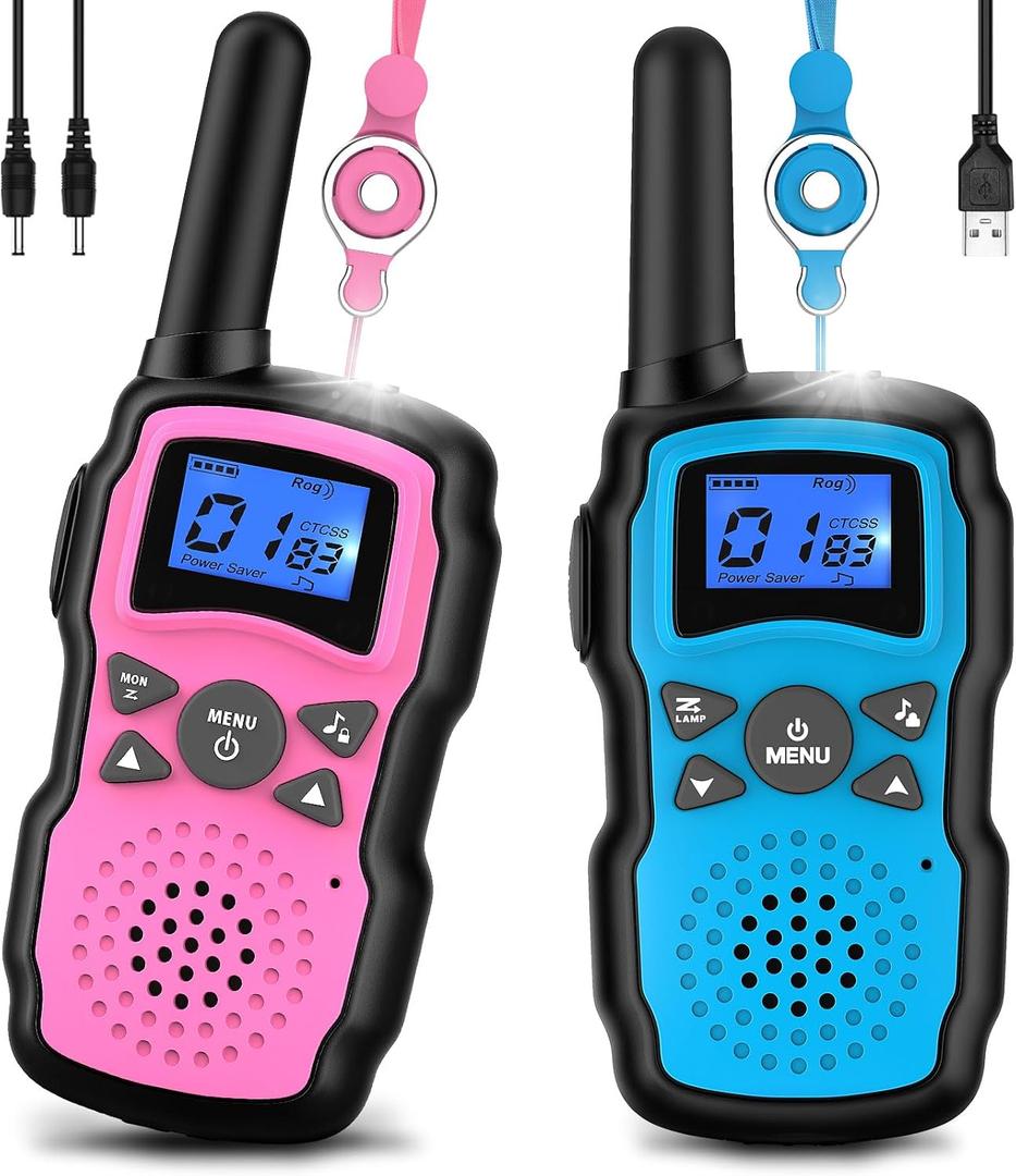 Wishouse Walkie Talkies for Kids Rechargeable Long Range,4 5 6 7 8 Year Old Boy Girl Birthday Gift, Camping Games Cool Toys Ideas for Children with 6000mAh Batteries,Flashlight,Lanyard,2 Pack Pink Blue