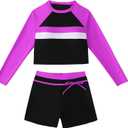 Girls Swimsuit 3 Pieces Long Sleeve Zip Rash Guard Set Bikini Bathing Suits Summer Swimwear with Skirt 7-14 Years (Black)