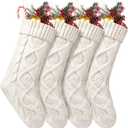 Fesciory 4 Pack Christmas Stockings 18 Inches Large Size Cable Knitted Stocking Gifts & Decorations for Family Holiday Xmas Party, Ivory White