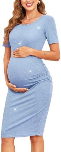 AISWI Women's Sparkly Maternity Ruched Side Bodycon Mini Dress Short Sleeves Pregnancy Dress Baby Shower Photoshoot S