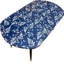 Pioggia Oval Vinyl Fitted Tablecloth with Flannel Backing Elastic Edged Table Cloth Waterproof Oil-Proof Plastic Table Cover (Blue Leaves Pattern, Best for Up to 48" x 68")