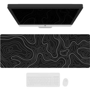 Ovenbird Large Gaming Mouse Pad with Stitched Edges, Minimalist Topographic Map Mouse Pad, Extended XL Mousepad with Anti-Slip Base, Cool Mouse Pad for Keyboard and Mouse, 35.4 x 15.7 in, Black