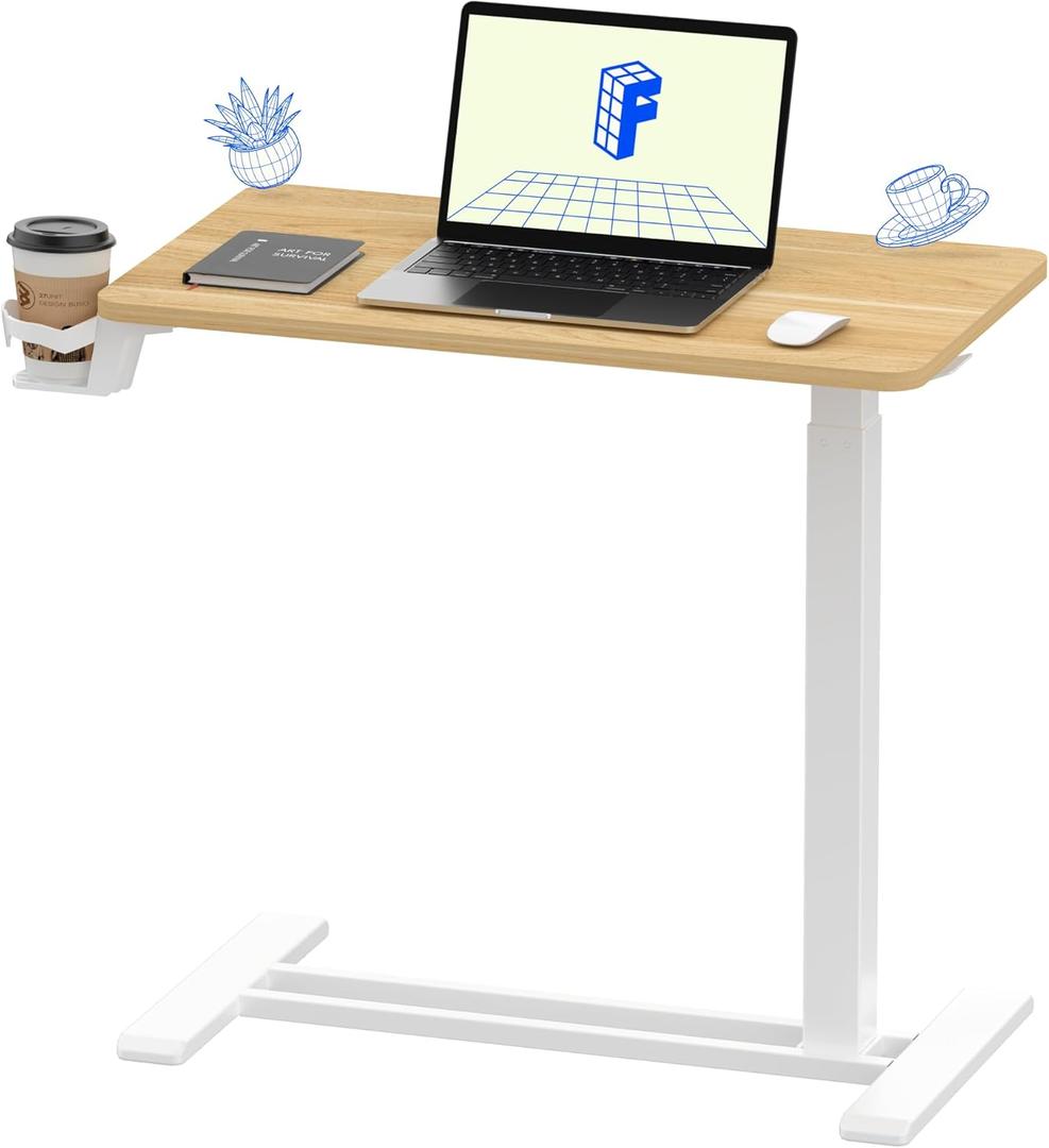 FLEXISPOT H7 Adjustable Overbed Bedside Table with Wheels Pneumatic Mobile Standing Desk Laptop Desk Rolling Computer Cart Movable Overbed Table Hospital Home Use(27.6" W x 15.7" D, Maple Table) (Small)