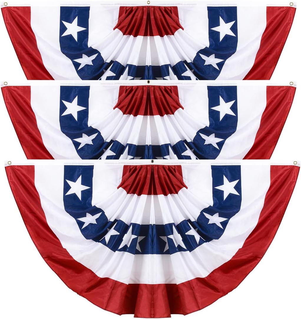3x6Ft American Patriotic Bunting Flags Outdoor, Patriotic 4th of July Decor, USA Pleated Fan Flags, Red White and Blue Memorial Day Decorations for Outside (3PCS)