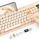 Wireless Keyboard and Mouse Combo, Retro Round Keycaps, Cute Full-Size Typewriter Keyboard with Phone Holder, Sleep Mode, 2.4GHz Cordless Connection for Windows/PC/Laptop (Milk-Tea Colorful)