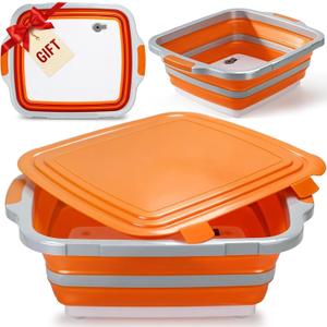 16L Collapsible BBQ Prep Tub with Locking Lid & Cutting Board - Marinade Container Grill Carry System for RV Picnic Tailgate - Portable Wash Basin for Kitchen Camping Sink - Gift for Men Women