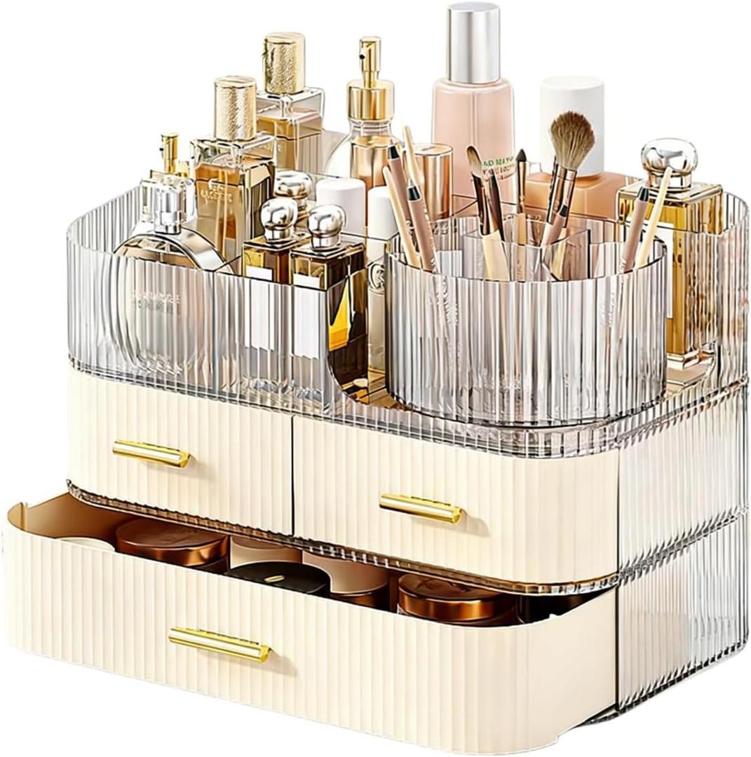 3-Layer Vanity Desk Organizer with Drawers, Clear Makeup Organizer Countertop, Roof Open Compartment with Dividers, Plastic Storage Bins for Skincare, Perfume Holder Organizer