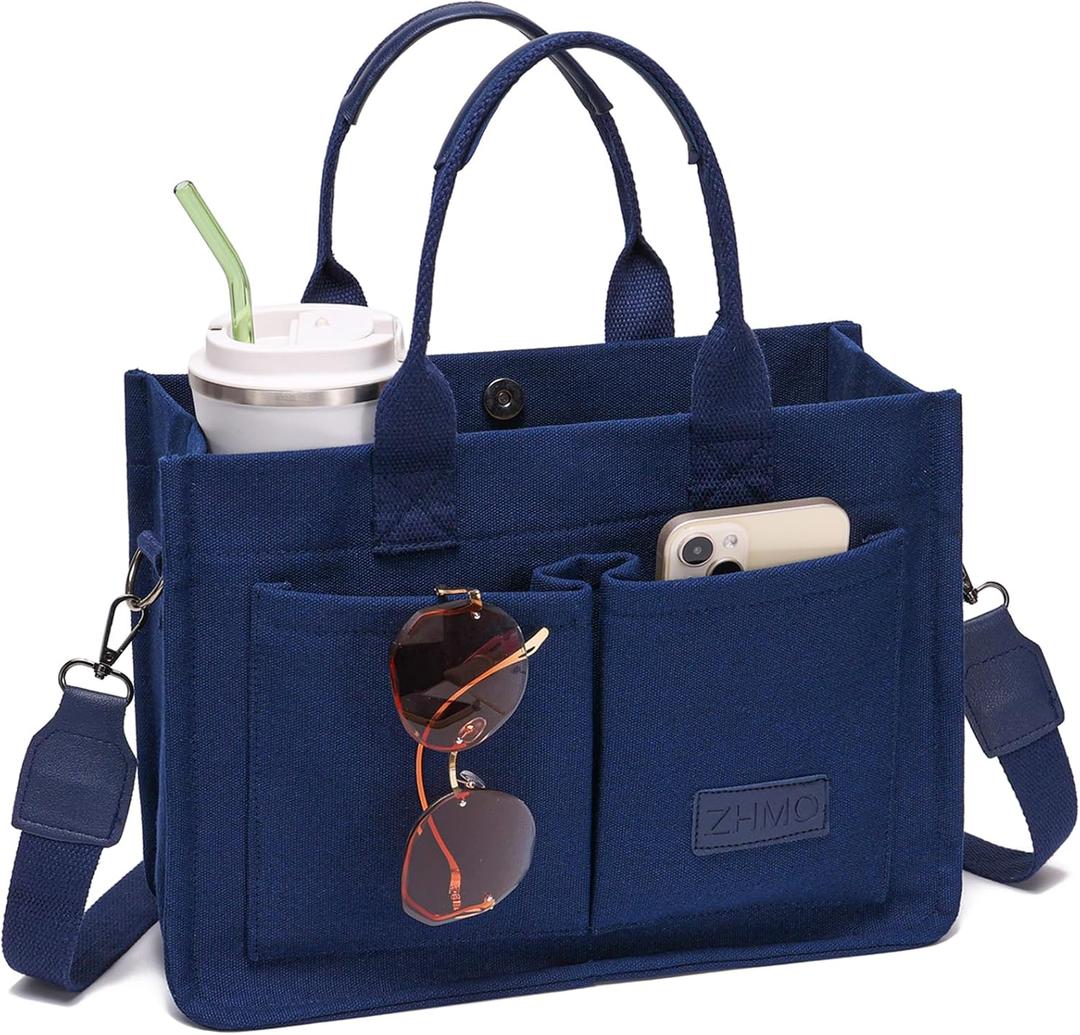 ZHMO Canvas Tote Bag for Women,Women's Bags Crossbody Bags Work Laptop Tote Bag Large Handbags Purse for Travel Nurse Teacher (Navy Blue With Compartments)