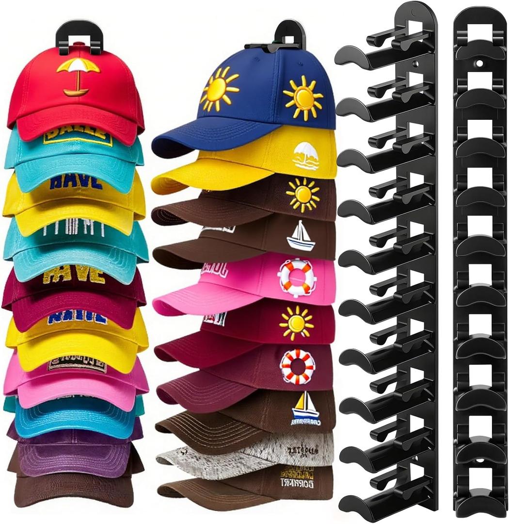 2 Pack Hat Hook Organizer for Baseball Caps, Hat Hanger Holder for 20 Caps, Wall Hat Rack with Strong Adhesive, Multilayer Cap Storage Hooks for Closet Door and Bedroom (Style B-Black)