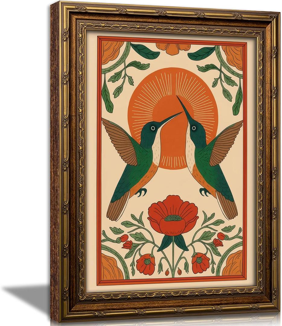 Vintage Gold Framed Hummingbird Wall Art Scandinavian Pictures Floral Bird Painting Canvas Prints Birds Poster Artwork Neutral Farmhouse Wall Decor for Living Room Bedroom Kitchen16x24in