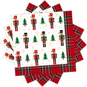 DYLIVeS Christmas Party Napkins, Christmas Tree Nutcrackers Tartan Plaid Disposable Decorative Paper Napkins, Xmas Party Supplies for Luncheon Birthday Cocktail Holiday Christmas Decor, 50 Pcs, 3 -ply