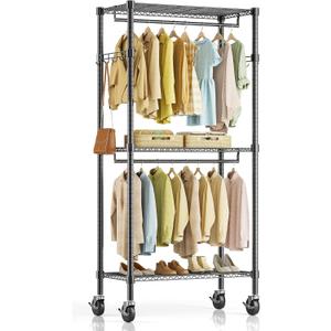 Simple Deluxe Rolling Clothes Rack, Heavy Duty Clothing Rack, 3-Shelf Portable Adjustable Wardrobe Closet with Wheels, Hanging Rods & Side Hooks, 29.5" W x 15.7" D x 75.6" H, Black