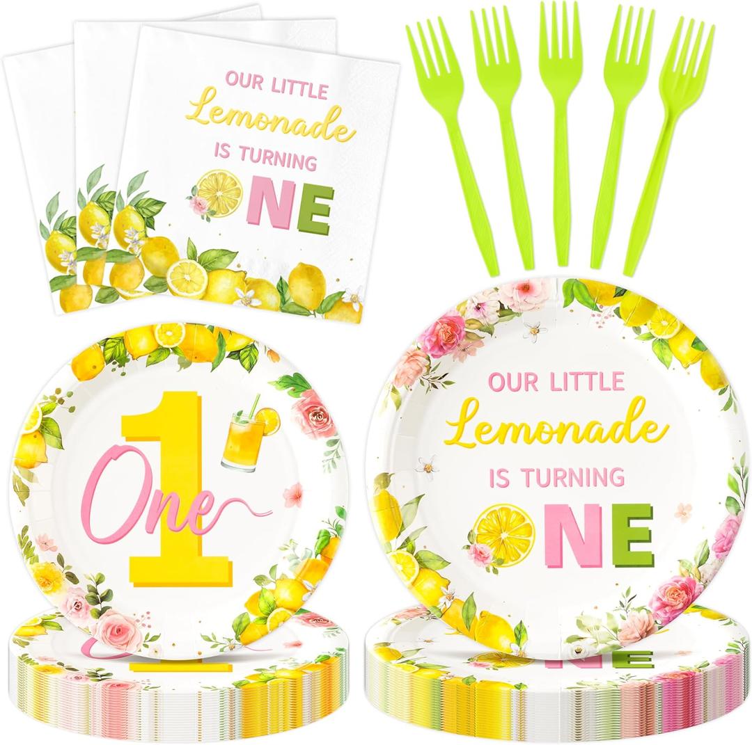 2 x 96Pcs Lemon 1st Party Plates Supplies Pink Yellow Our Little Lemonade Is Turning One First Birthday Tableware Decorations Disposable Paper Plates Napkins Forks for Kids Baby Shower, Serves 24