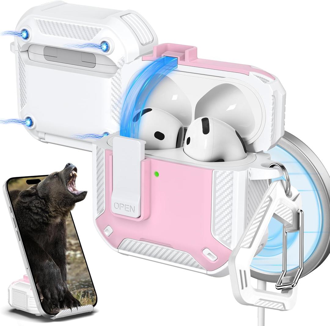 R-fun for AirPods 4 Case with Cleaning Kit, Carbon Fiber Elements Military Drop Proof Auto Pop up Cover, Phone Stand and Magnetic Base with Carabiner Hook Compatible with AirPods 4th Gen 2024,White/Pink